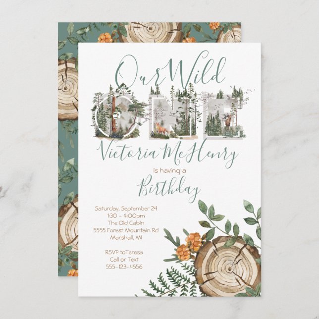 Rustic Watercolor Wild One Birthday Party Invitation (Front/Back)