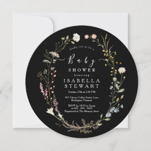 Rustic Watercolor Wildflower Black Baby Shower Invitation
