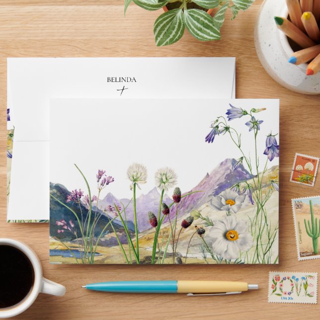 Rustic Watercolor Wildflower Mountain Wedding Envelope (Desk)