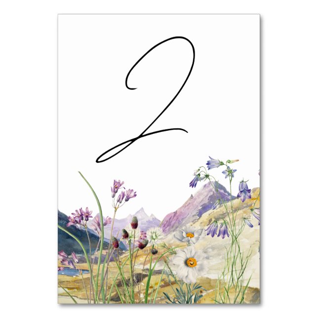 Rustic Watercolor Wildflower Mountain Wedding Table Number (Front)
