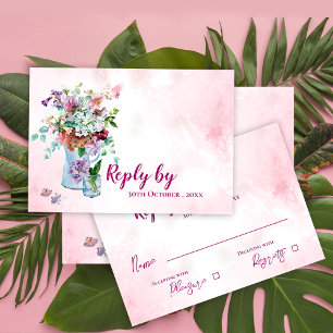 Rustic Watercolor Wildflower Pink Floral Wedding RSVP Card