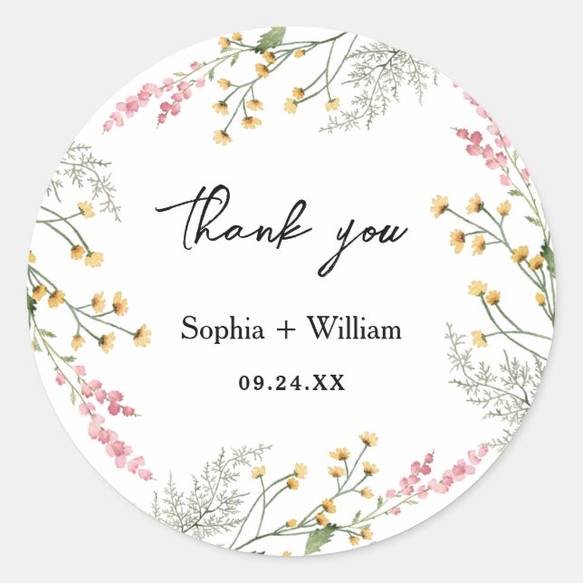 Rustic Watercolor Wildflower Theme Modern Wedding Classic Round Sticker (Front)