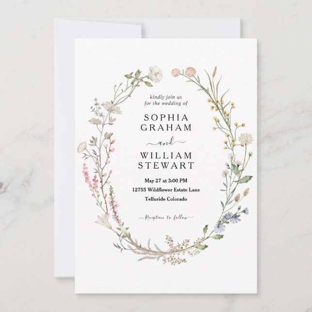 Rustic Watercolor Wildflower Theme Spring Wedding Invitation (Front)
