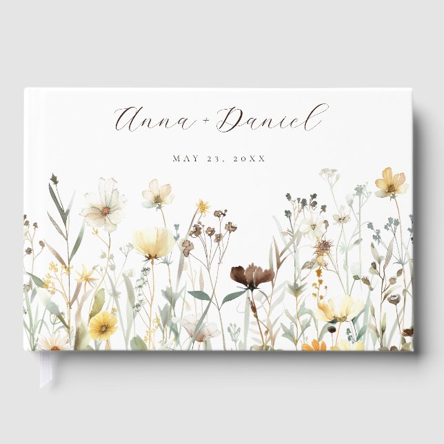 Rustic Watercolor Wildflower Wedding Guest Book (Front)