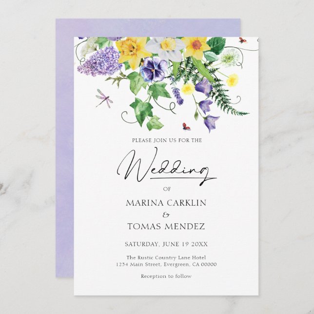 Rustic Watercolor Wildflower Wedding Invitation (Front/Back)
