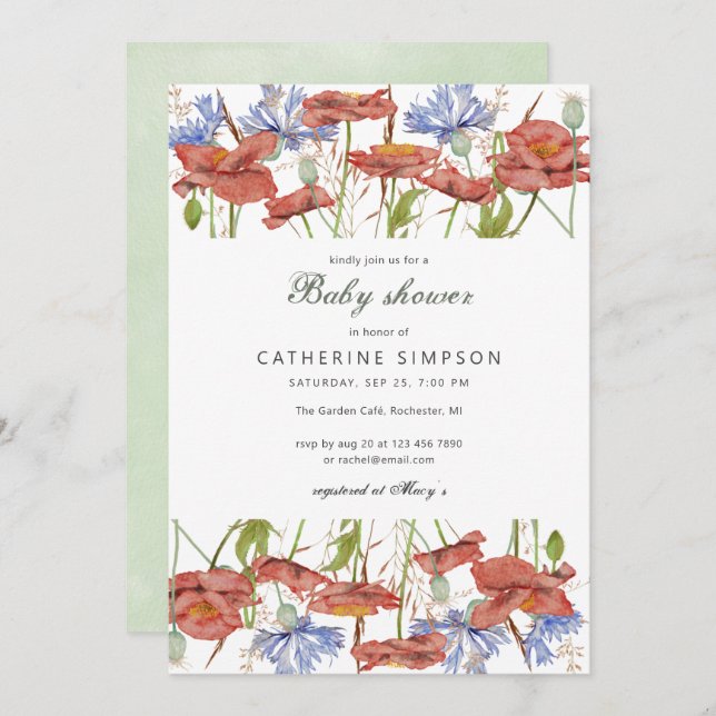 Rustic watercolor wildflowers baby shower invitation (Front/Back)