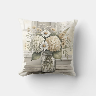 Rustic Watercolor Wildflowers in Mason Jar Cushion