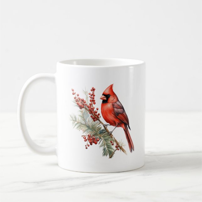 Rustic Watercolor Winter Cardinal Holly Branch Coffee Mug (Left)