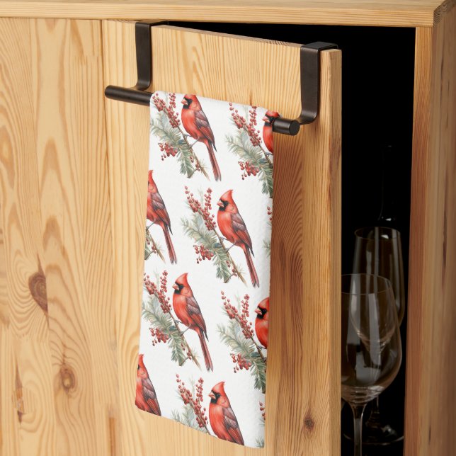 Rustic Watercolor Winter Cardinal Holly Branch Tea Towel (Thirds Fold)