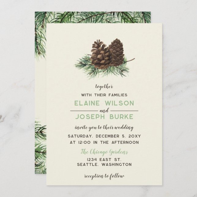 Rustic Watercolor Winter Forest Pine Cone Wedding Invitation (Front/Back)