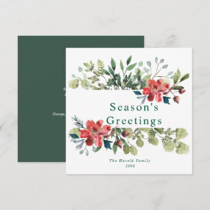Rustic Watercolor Winter Greenery with Red Flowers Holiday Card