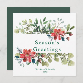 Rustic Watercolor Winter Greenery with Red Flowers Holiday Card