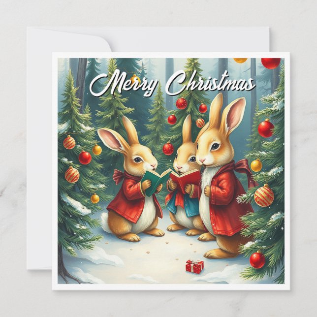 Rustic Watercolor Winter Pine Trees Caroling Holiday Card (Front)