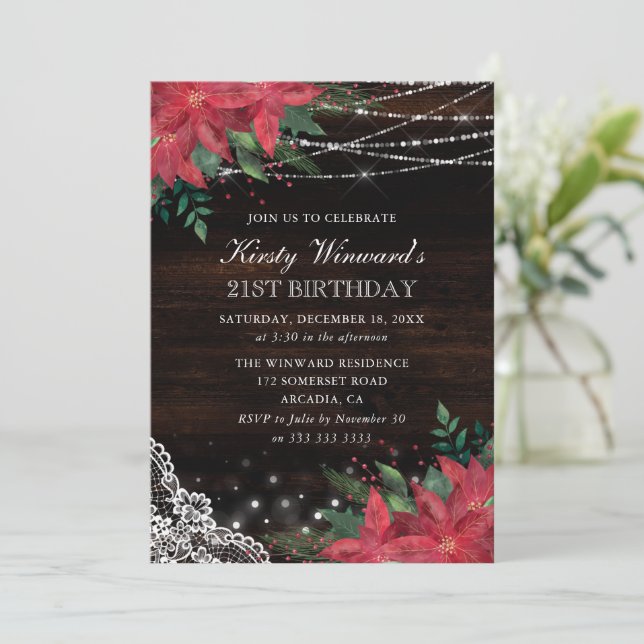 Rustic Watercolor Winter Poinsettia 21st Birthday Invitation (Standing Front)