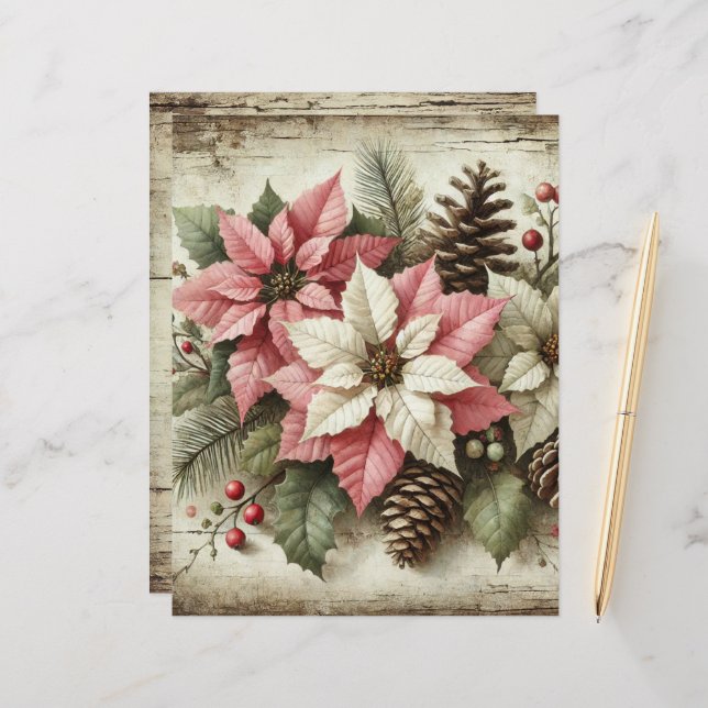 Rustic Watercolor Winter Poinsettia Paper (Front/Back In Situ)
