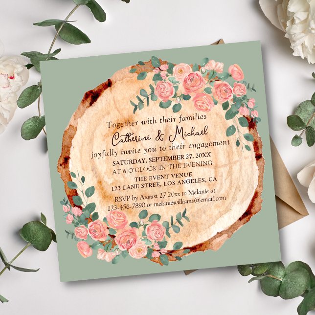 Rustic Watercolor Wood Slice Sage Green  Invitation (Creator Uploaded)