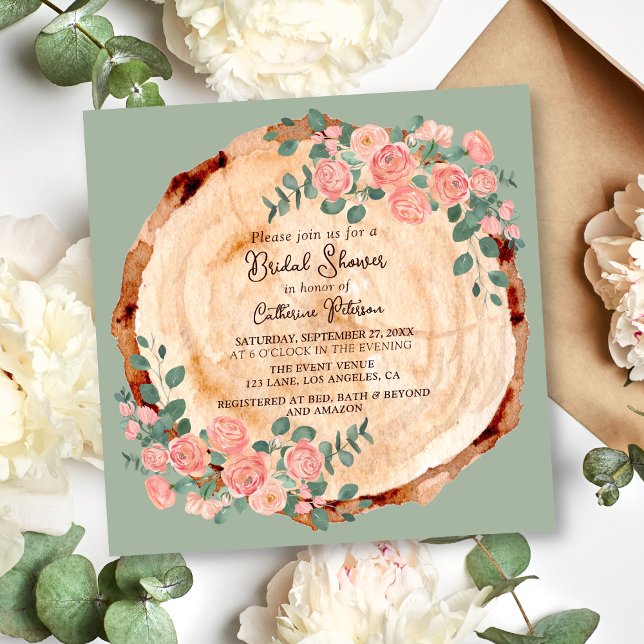 Rustic Watercolor Wood Slice Sage Green  Invitation (Creator Uploaded)