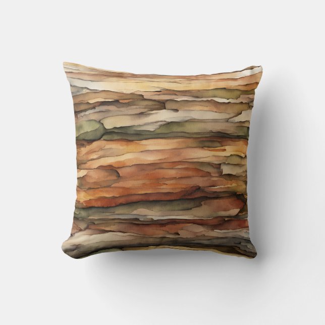 Rustic Watercolor Wood Tree Bark Green Brown Tan Cushion (Front)