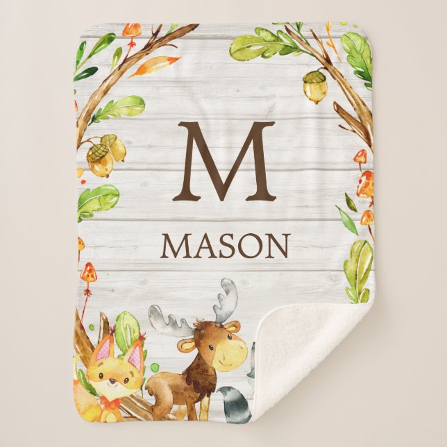 Rustic Watercolor Woodland Animals Personalised Sherpa Blanket (Front)