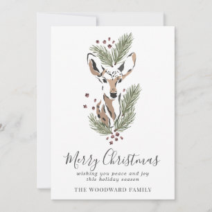Rustic Watercolor Woodland Deer Pine Boughs Holiday Card