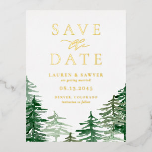 Rustic Watercolor Woodland Forest Save the Date Foil Invitation Postcard