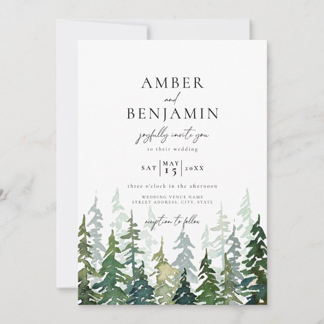 Rustic Watercolor Woodland Forest Wedding Invitation (Front)