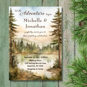 Rustic Watercolor Woodland Lake Adventure Wedding Invitation