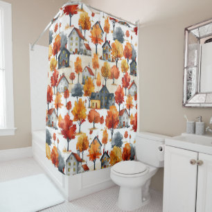 Rustic Watercolor woodland Village Pattern Shower Curtain