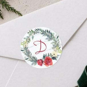 Rustic Watercolor Wreath Monogram Christmas Classic Round Sticker