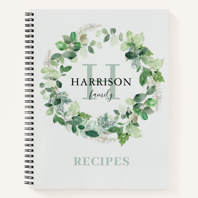 Rustic Watercolor Wreath Monogram Family Recipe Notebook (Front)