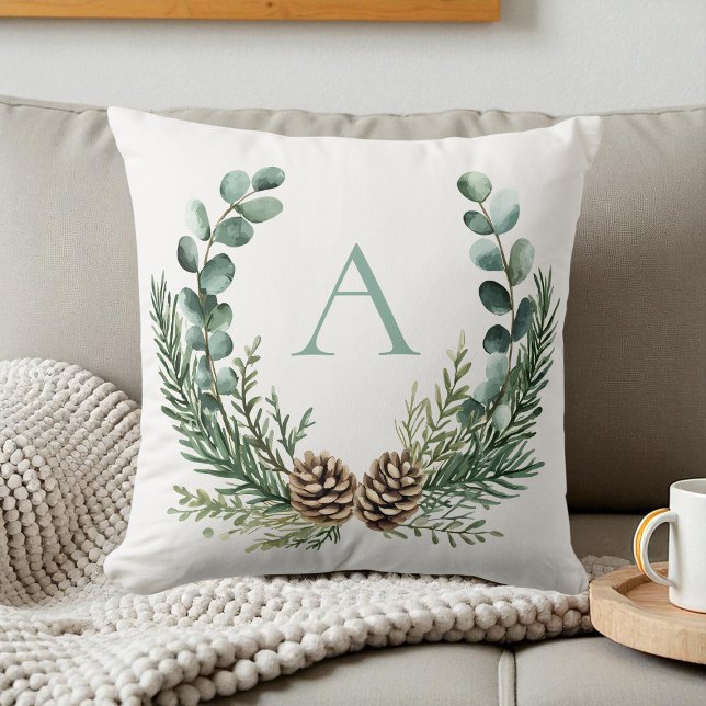 Rustic Watercolor Wreath Personalised Christmas Cushion (Rustic Watercolor Wreath Personalized Christmas Throw Pillow)