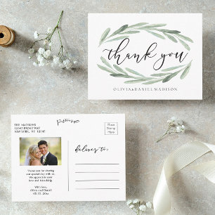 Rustic Watercolor Wreath Wedding Thank You Photo Postcard