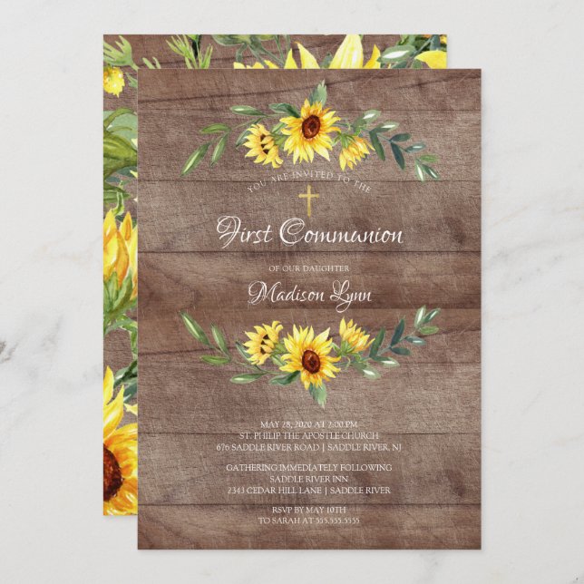 Rustic Watercolor Yellow Sunflower First Communion Invitation (Front/Back)