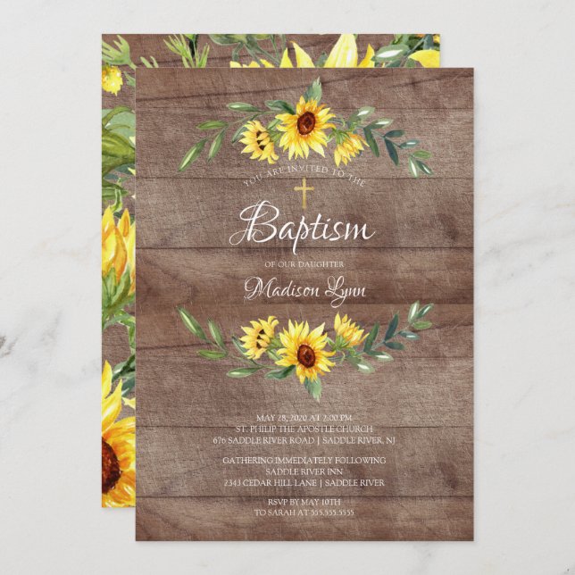 Rustic Watercolor Yellow Sunflowers Baptism Invitation (Front/Back)