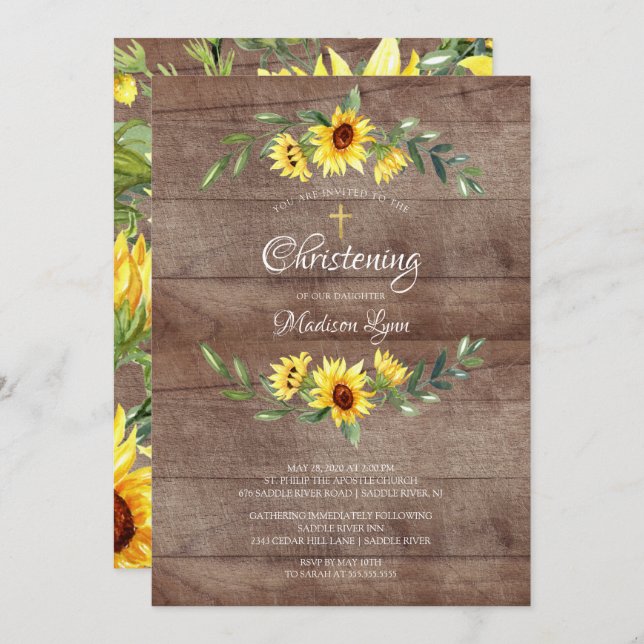 Rustic Watercolor Yellow Sunflowers Christening Invitation (Front/Back)