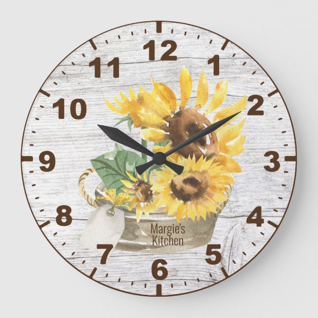 Rustic Watercolor Yellow Sunflowers Monogram Large Clock (Front)