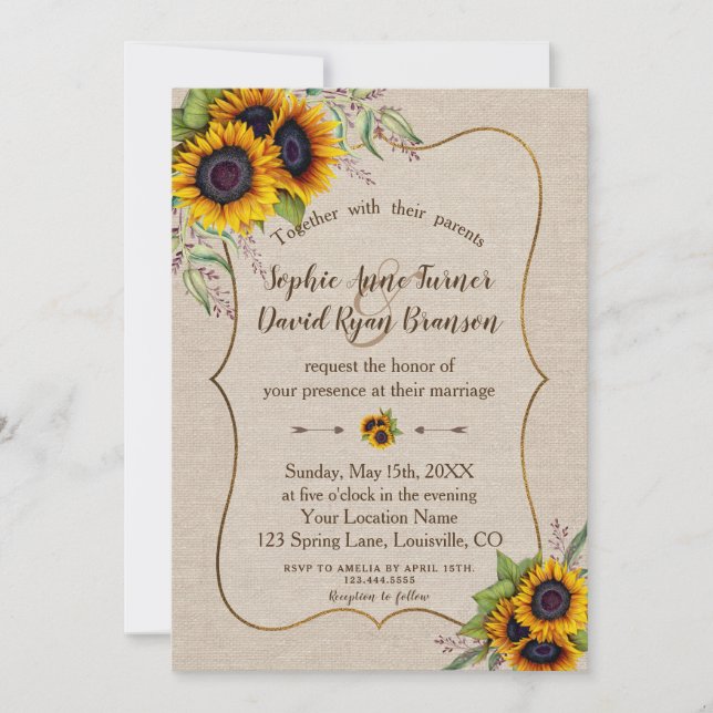 Rustic Watercolour Sunflowers Linen Canvas Wedding Invitation (Front)