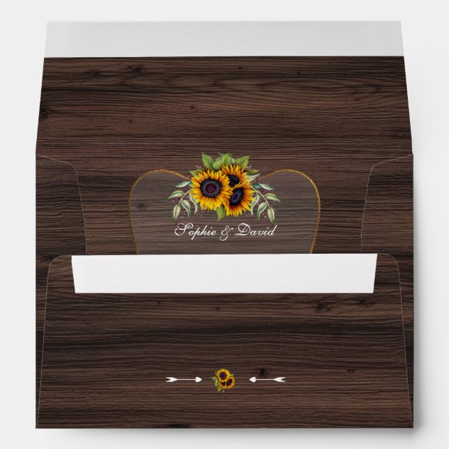 Rustic Watercolour Sunflowers Wood Wedding Envelope (Back (Bottom))