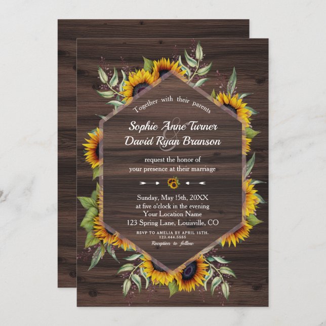 Rustic Watercolour Sunflowers Wood Wedding Invitation (Front/Back)