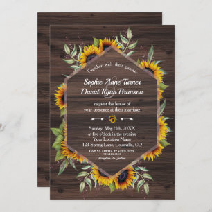 Rustic Watercolour Sunflowers Wood Wedding Invitation