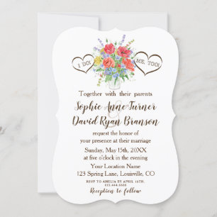 Rustic Watercolour Wild Flowers Hearts Wedding Invitation