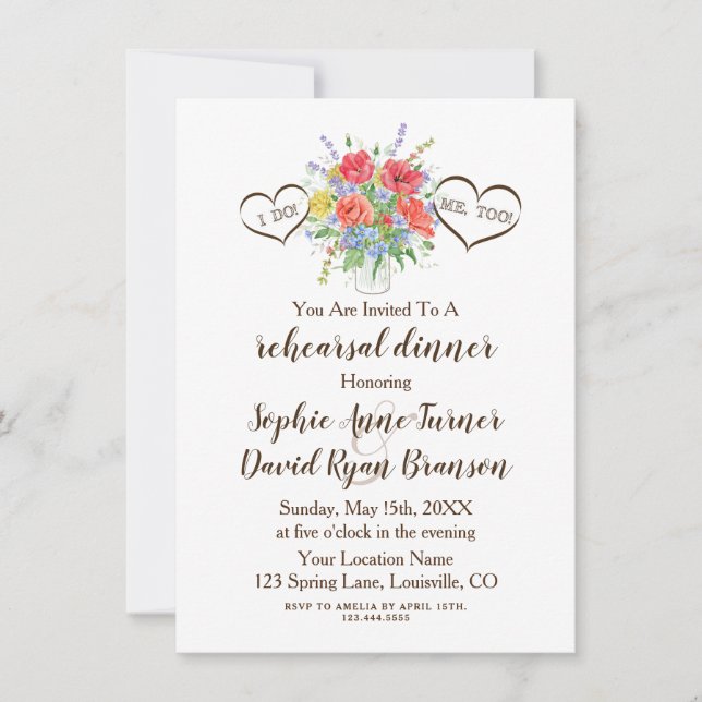 Rustic Watercolour Wild Flowers Hearts Wedding Invitation (Front)