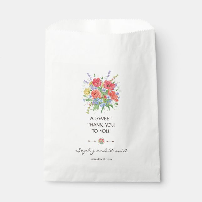 Rustic Watercolour Wild Flowers Wedding THANK YOU Favour Bag (Front)