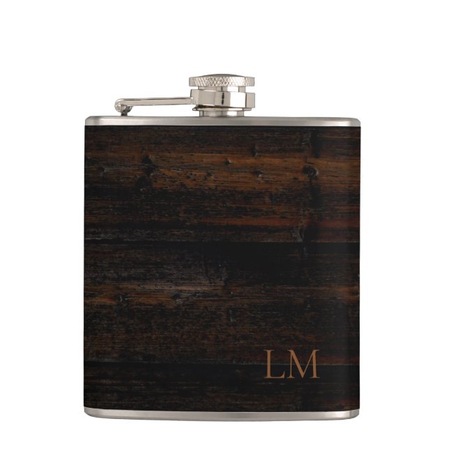 Rustic Weathered Black Brown Wood Wedding Monogram Hip Flask (Front)