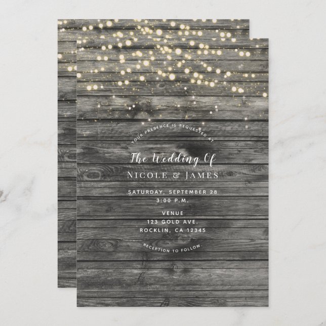 Rustic Weathered Grey Wood String Lights Wedding Invitation (Front/Back)