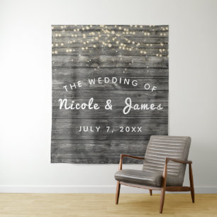 Rustic Weathered Grey Wood String Lights Wedding Tapestry