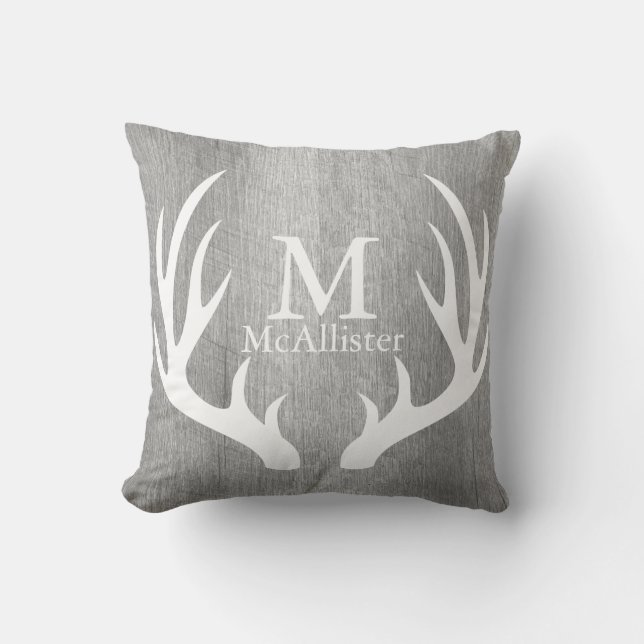 Rustic Weathered Grey Wood White Deer Antlers Cushion (Front)