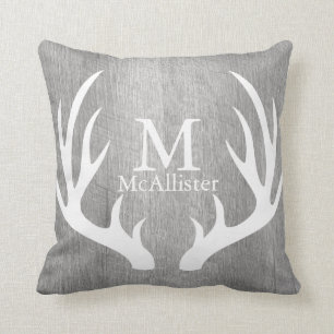 Rustic Weathered Grey Wood White Deer Antlers Cushion