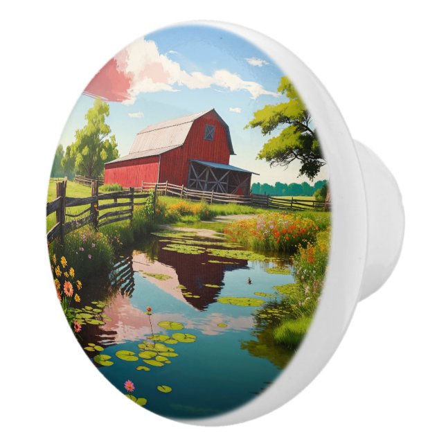 Rustic Weathered Red Barn and Lilly Pond  Ceramic Knob (Right)