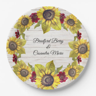 Rustic Weathered White Wood Bride Groom Sunflower  Paper Plate